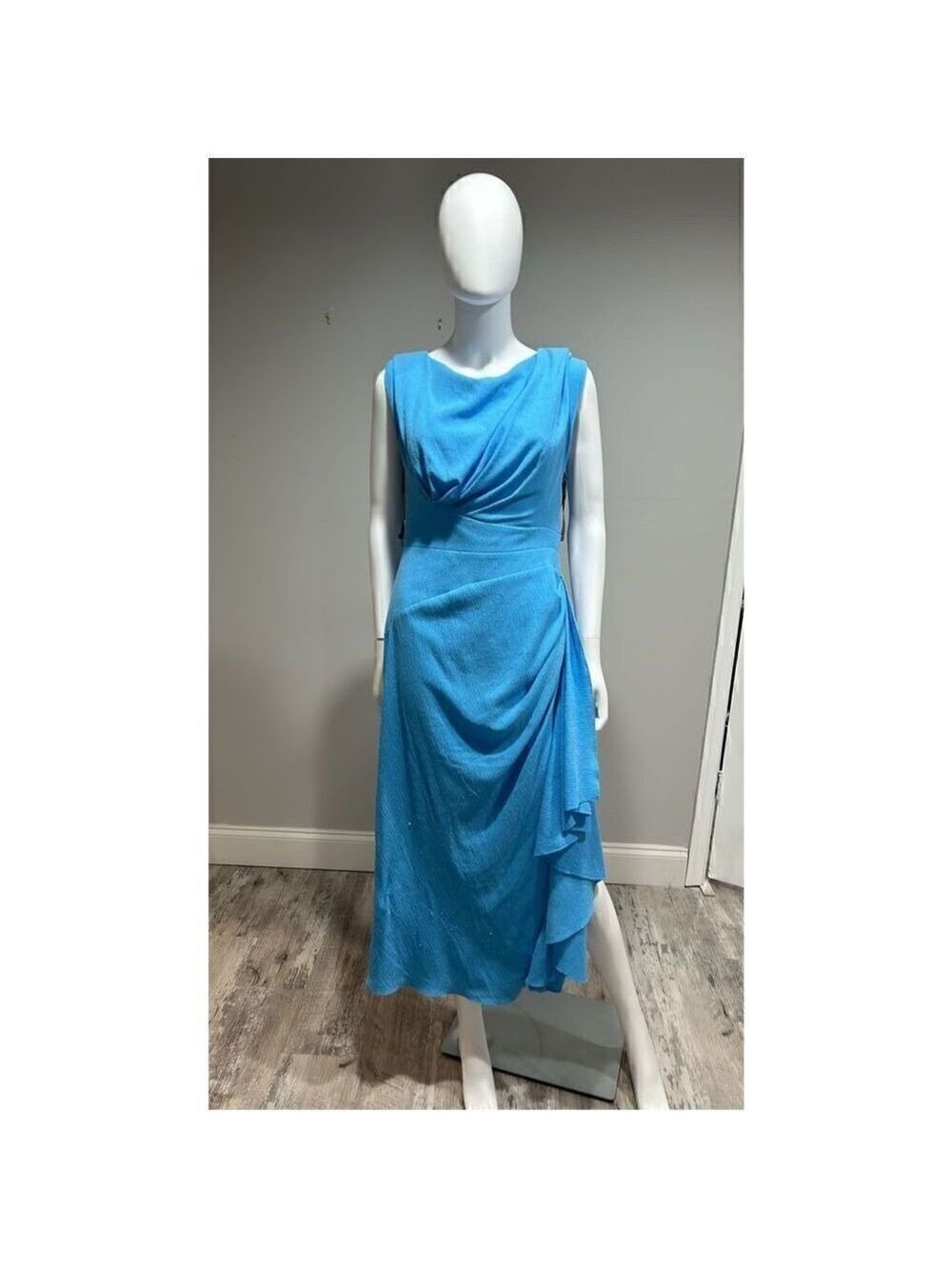 Lela Rose Blue Textured Crepe Side Ruched Midi Dress Size 6 - Picture 3 of 7